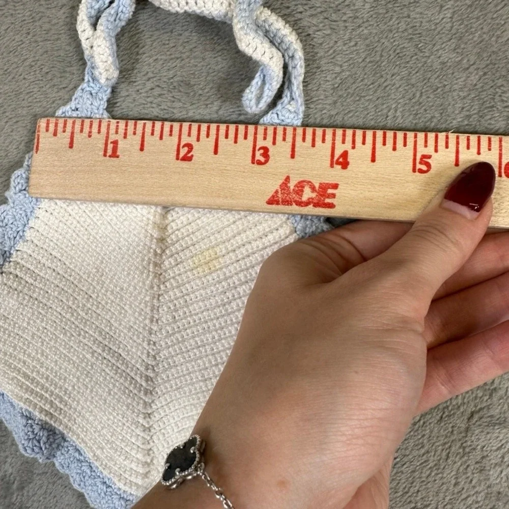 Handmade Crochet Baby Bib White Light Blue Scalloped Edge Vintage Style 12658